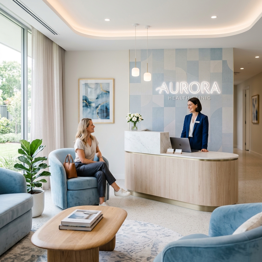 A high-quality image showing a luxurious and calming clinic reception area. The space features modern furniture, soft organic shapes, and a cool-toned palette of blues and whites. A receptionist is warmly greeting a patient. The overall mood is welcoming, professional, and impeccably clean, typical of a premium private clinic.